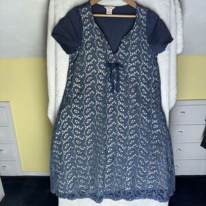 Sundance M Dress Blue Silk Blend‎ Eyelet Cut Short Sleeve V Neck Bow